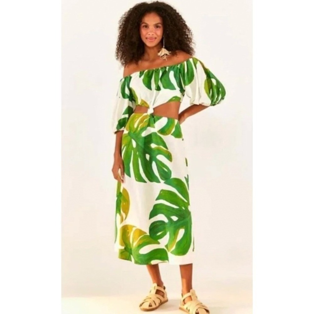 Farm Rio Linen Blend Monstera Midi Dress Tropical Resort Vacation | Size M - Picture 8 of 12